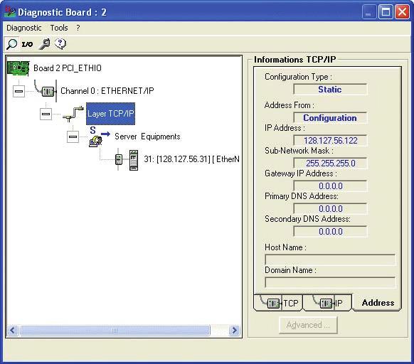 4. Troubleshooting (EtherNet/IP) 1. Diagnostic of the TCP/IP layer This dialog box displays the status of the TCP/IP layer.