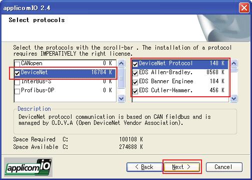 12. The [Select protocols] dialog box appears. Select the protocol. Check the [DeviceNet] checkbox. (12) (13) (14) 13.