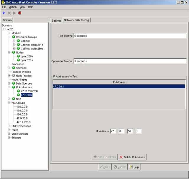 EMC AutoStart Agent and Console 213 Figure 108 Network Path Testing tab 22 Click Delete IP Address to delete the old IP address 23 Enter the new switch IP Address 24 Click Add IP Address 25 Click