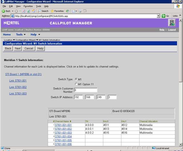 Configure CP1 and CP2 using the CallPilot Configuration Wizard 63 17 Configure the MPB96 settings 18 Click Next Result: The M1 Switch Information page appears Figure 18 Configuration Wizard: M1