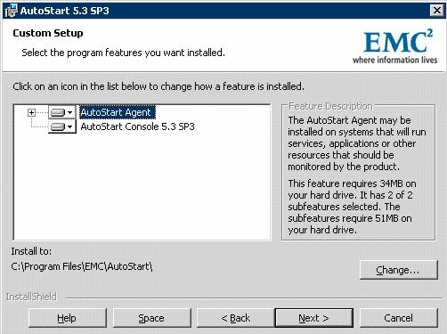 Install the AutoStart Agent and Console software 89 Figure 39 Custom Setup window 10 Click Change to change the installation path Result:The Change Current Destination Folder dialog box appears
