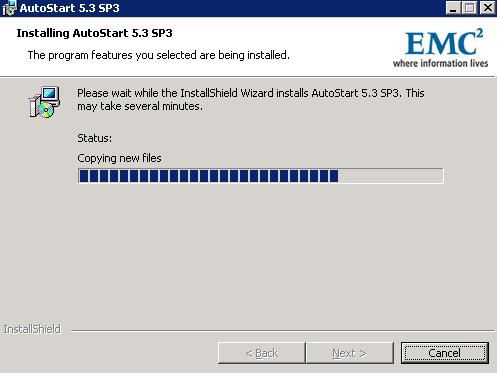 Install the AutoStart Agent and Console software 93 Result:The Installing AutoStart 53 SP3 window appears and shows the status of the installation Figure 45 Installing AutoStart 53 SP3 window 24 Wait