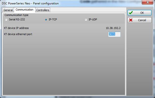 f. Under the communication tab, Select if the integration to the communicator will be done via RS-232 / IP-TCP or IP-UDP.