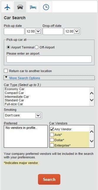 Booking a Car Step 1: Use the Car tab If you require a car but not airfare, request the car using the Car tab instead of the Air/Rail tab. To do so: 1. Enter your pick-up and drop-off dates and times.