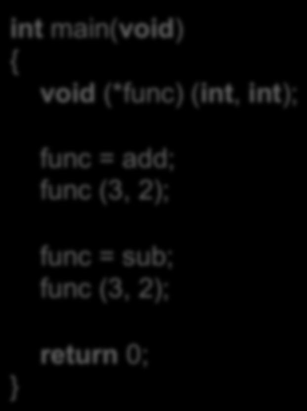 void (*func) (int, int); func = add; func (3, 2); void sub