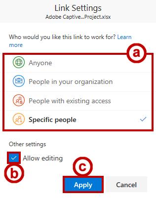 3. The Share window will open and will display the Send Link window. Click the drop-down arrow to access a list of link settings. Figure 24 - Send Link 4. The Link Settings window will appear: a.