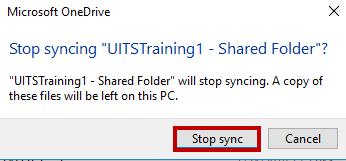 3. Click Stop sync next to the folder you wish to stop syncing. Figure 39 - Click Stop sync 4. In the Stop syncing window, click Stop Sync to stop the folder sync.