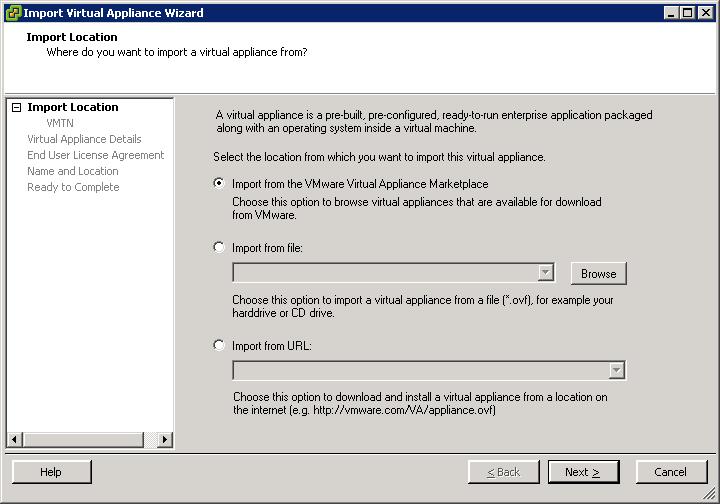 To import a virtual appliance 1 In the Inventory panel, make sure the host machine is selected. 2 Click Import a virtual appliance. The Import Virtual Appliance wizard appears.
