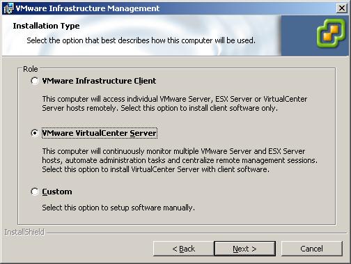 7 On the Installation Type, select VMware VirtualCenter Server.