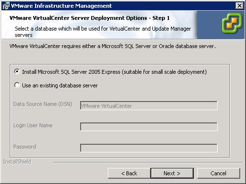 9 On the database selection page, select Install Microsoft SQL Server 2005 Express (suitable for small scale deployment).