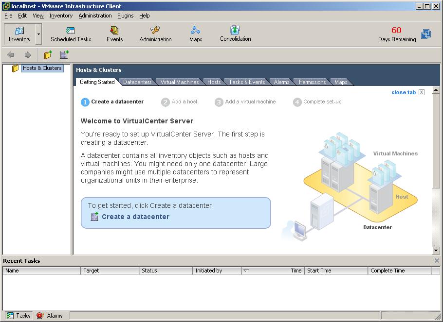 Creating a Datacenter You just connected to the VirtualCenter Server using the VI Client. If you are logging in for the first time, you should have no inventory items in the Inventory panel.