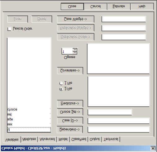 Figure 17. Model Analysis Dialog Box Select each variable and move it to the appropriate box by clicking the buttons to the left of these boxes.