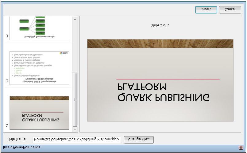 4 In the Insert PowerPoint Slide dialog: Select the desired slide from the selected PowerPoint document and click Insert. The selected PowerPoint slide will be inserted as an image.