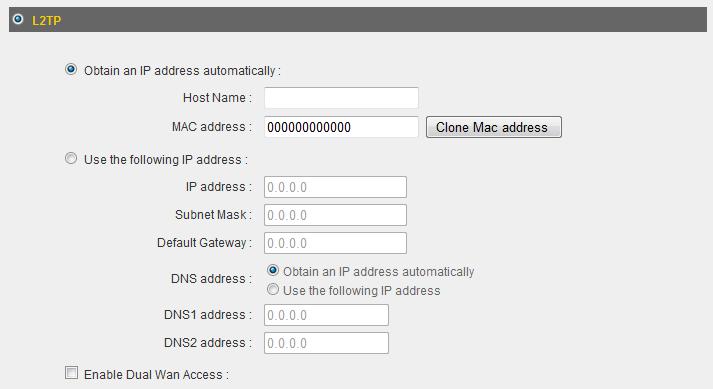 3-2-6 L2TP Select L2TP if your ISP is providing you Internet access via L2TP (Layer-2 Tunneling Protocol). If your ISP is providing you dynamic IP addresses, select Obtain an IP address automatically.
