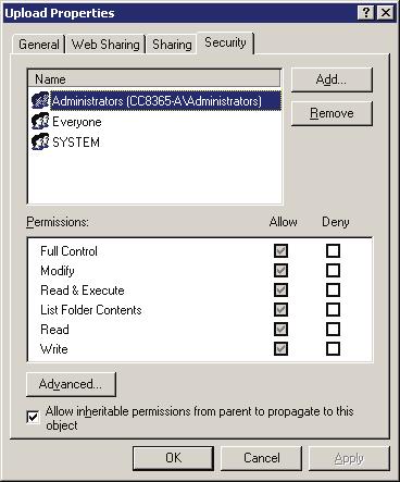Setting the security settings so every visitor can upload To set the right security on Windows 2000 so every anonymous visitor can upload you need to: 1. Find your upload folder on the server.