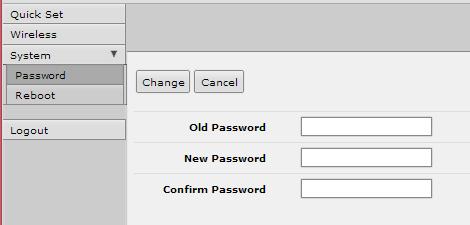 2. Setting the User Password: On the Main Menu at the left side of the browser window, click System, then click Password. Enter the old password and the new password twice in the boxes indicated.