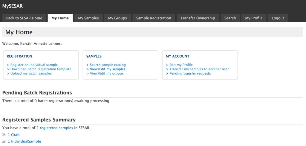 SESAR System for Earth Sample Registration Authenticated workspace with tools for users to submit & manage sample metadata (MySESAR) IGSN Allocating Agent: Register samples with IGSN Searchable