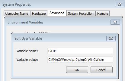 Update the system environment variable Path to include the MinGW installation folder, such