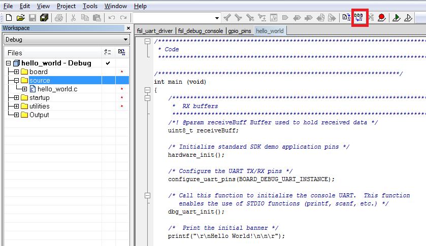1. To build a demo application, click the Make button. Figure 2 Build hello world demo application When the build is complete, IAR displays this information in the build window: 4.1.1 Run a demo application Figure 3 Build hello world demo successfully Downloading and debugging the KSDK demo applications in IAR Embedded Workbench is a standard process for all applications.