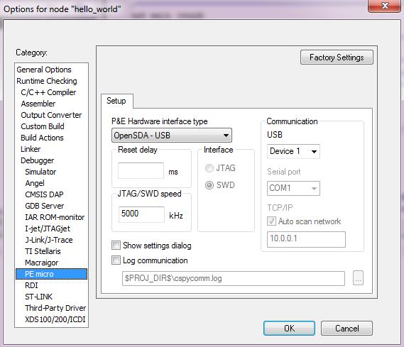 OpenSDA-USB and SWD are configured in the PE micro settings as shown: Figure 8 Debugger configurations for PE micro 6.