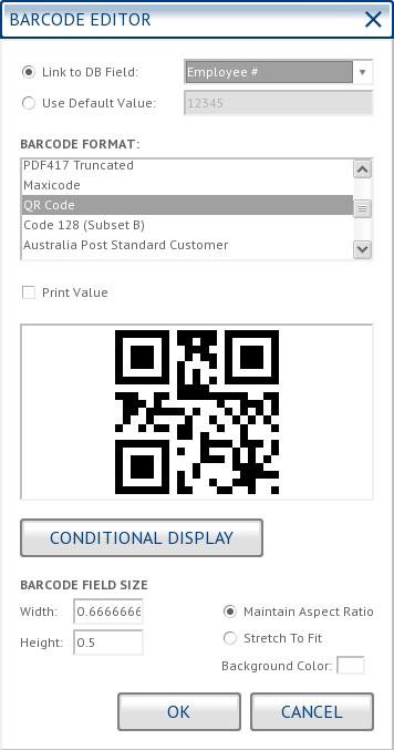 . Select QR CODE from the Barcode- Format drop-down list.. Uncheck the PRINT VALUE box. 6.