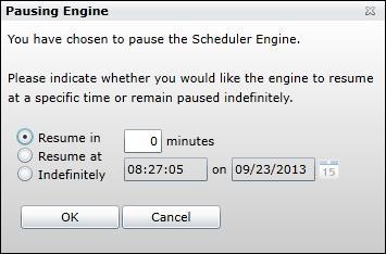 Pause The Pause option displays a Pausing Engine dialog box. Select the parameter for pausing the engine and then click OK.