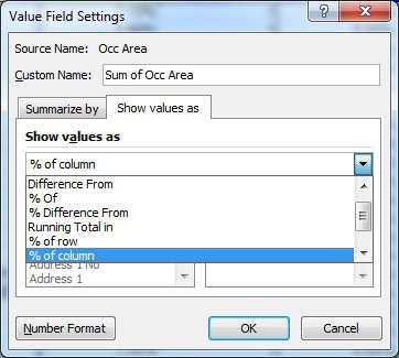 Right-click on the column heading, Sum of Occ Area, and click the tab labeled Show values as.