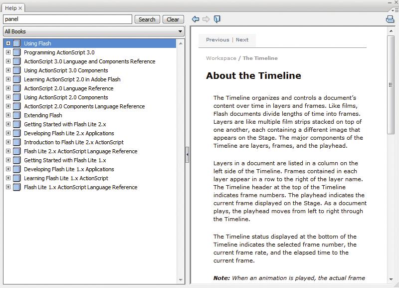 Read through the text in About the Timeline. 6. Click Using Flash to collapse the list. 7. Click in the Search text box, then type panel, as shown in Figure 32. 8.