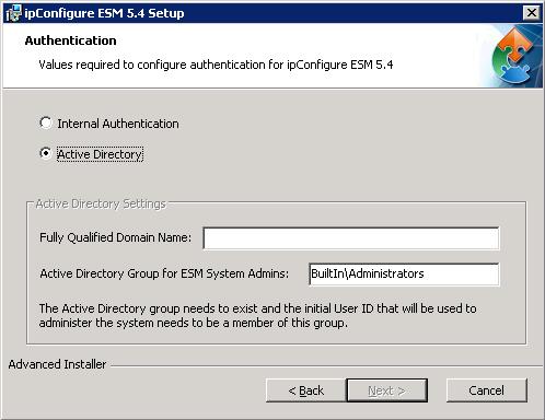 Select Internal Authentication if creating users inside of ESM Select Active Directory
