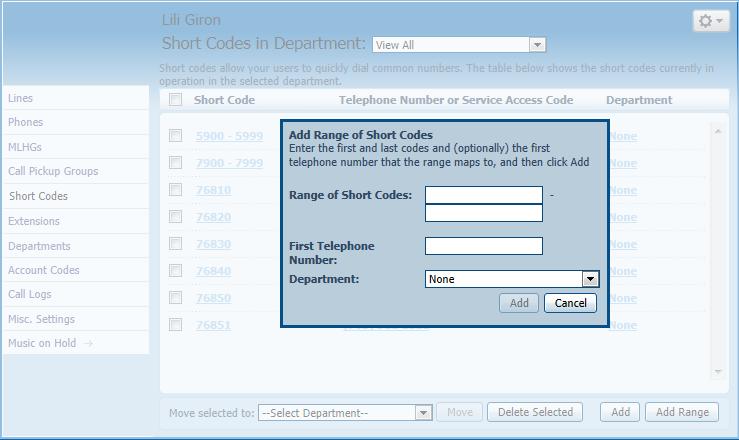8.3. Add a Shrt Cde T add a Shrt Cde t the current Department: Click Add Enter a new Shrt Cde Enter a phne number r service access cde (star cde) that the Shrt Cde maps t. This step is ptinal.