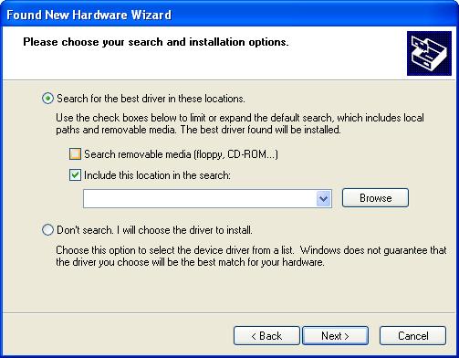 Figure 6 Screen, New Hardware Wizard (Choosing to Search for Driver) 4. Click the Browse button and navigate to the C:\SiLabs\MCU\CP210x\Windows_XP_S2K3_Vista_7 directory and click the OK button. 5.