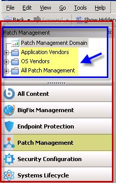 Patch Management tasks are sorted through upper and lower task windows, located on the right side of the Console.