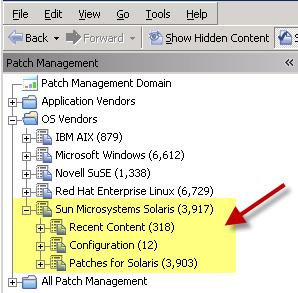 For Solaris patches, you primarily use the content contained in the Solaris node under the OS Vendors site in the navigation tree.