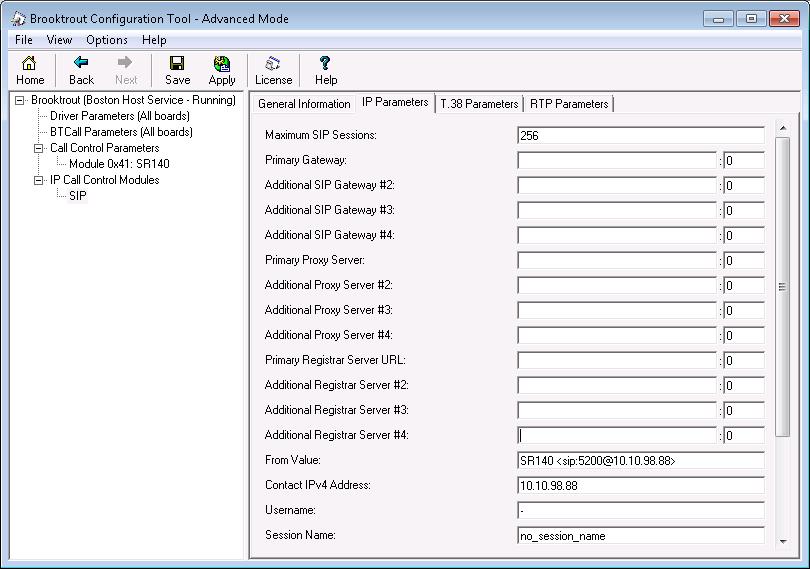 6.5. Configure SIP IP Parameters Navigate to Brooktrout IP Call Control Modules SIP in the left navigation menu. Select the IP Parameters tab in the right pane.