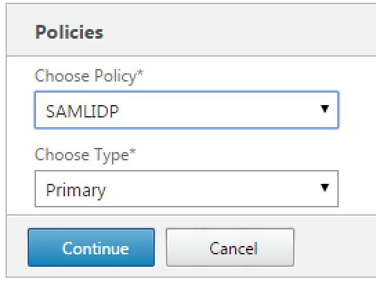 20. Under Basic Authentication Policies, click the + button again. Select SAMLIDP from the Choose Policy drop-down list box and click Continue.