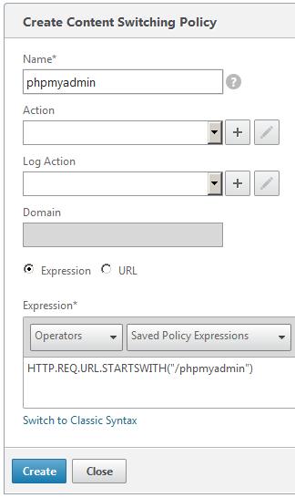 18. In the Create Content Switching Policy pane, name the policy phpmyadmin and then enter the