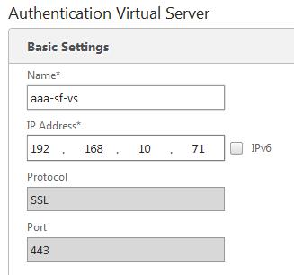 24. Create a new virtual server using the following parameters: Name: aaa-sf-vs IP Address: 192.168.10.71 Click OK. 25.
