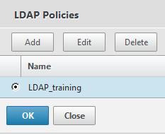 27. Under Policy Binding, click Click to select. Then select the radio button next to LDAP_training and click OK and then click Bind. Click Continue. 28. Under Advanced, click Policies.