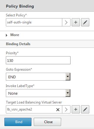 37. Click Add Binding again. Under Policy Binding, click Click to select then select the radio button next to self-auth-single and click OK.