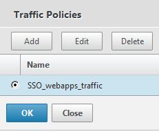11. Under Policy Binding, click Click to select. Select the radio button next to SSO_webapps_traffic and click OK. Click Bind and then click Done. 12.