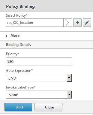 36. Click Add Binding to add another rewrite policy. Under Policy Binding, click Click to select. Select the radio button next to res_302_location and click OK. Click Bind and then click Close. 37.