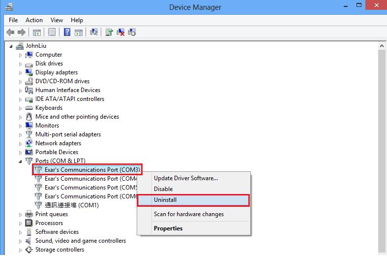 Uninstalling Windows Drivers: To uninstall the Windows driver from Device Manager for PCI Express 4-port industrial serial I/O card, please follow the steps below: 1.