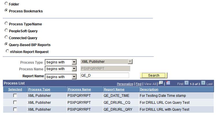 Using Reporting Console Chapter 8 The Process Type and Process name will be displayed in read-only format for the selected process type: Image: Query-Based BIP Reports list This example illustrates