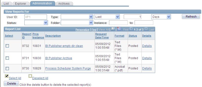 Chapter 5 Using Report Manager Deleting Reports and Adding Users to the Distribution List To access the Report Manager - Administration page, select Reporting Tools, Report Manager, Administration.