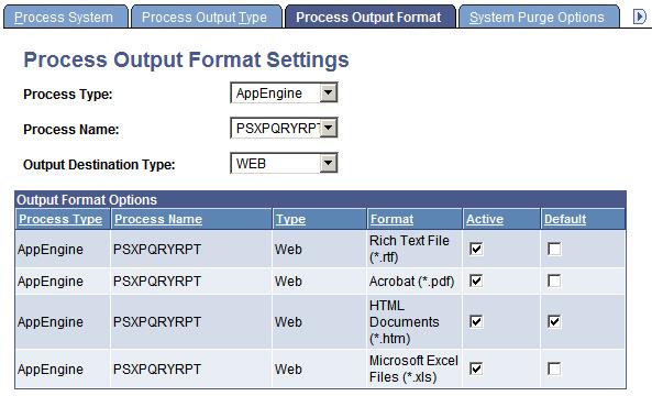Chapter 7 Defining PeopleSoft Process Scheduler Support Information Defining Process Output Formats To access the Process Output Format Settings page, select PeopleTools, Process Scheduler, System