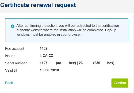 Certificate renewal function is available via the three dots button at the end of line. Note that certificate renewal is subject to fee as stated in ČSOB pricelist.