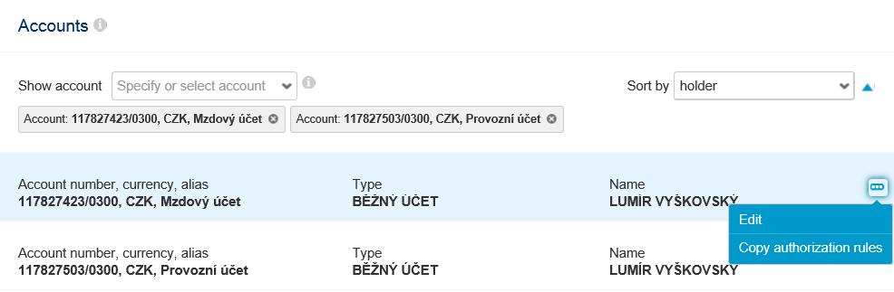 In the detail of account settings you can view: detailed information about the account: type, number, currency, alias and name limit specified by the account owner: maximum value (sum) of payments
