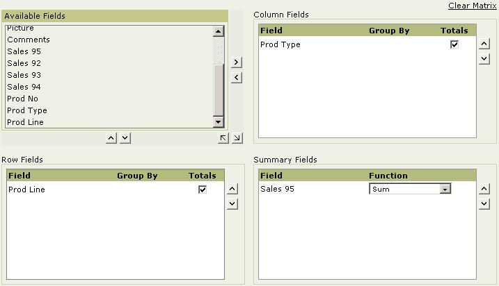 Creating Matrix Use matrix to summarize your report data in the form of cross-section of fields in rows and columns. For example, product-groups and products in columns; Zone and Area in rows.