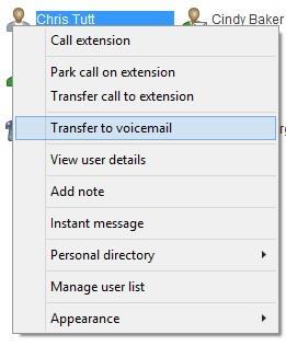 4.6.8 Transfer to Voicemail using Drag & Drop If configured, Unity will display Transfer to voicemail as a context menu option when a call is dragged onto an internal contact in the Contacts panel.