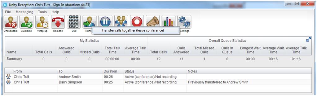 4.8.4 Ending a Conference If the user wants to leave a three-way conference but allow the remote parties to continue talking, perform an announced transfer to join the calls together.